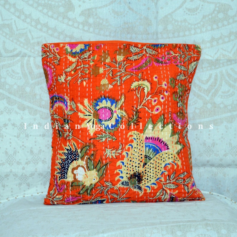 Cotton Kantha Cushion Cover Decorative Pillow Handmade Throw Sofa Pillow Cover Kantha Quilted Boho Dorm Decor Cushion 24X24 inch # IY5555