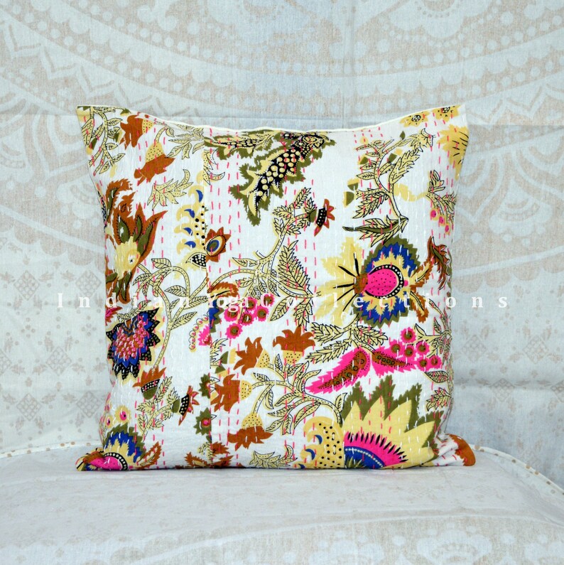Cotton Kantha Cushion Cover Decorative Pillow Handmade Throw Sofa Pillow Cover Kantha Quilted Boho Dorm Decor Cushion 24X24 inch # IY5555