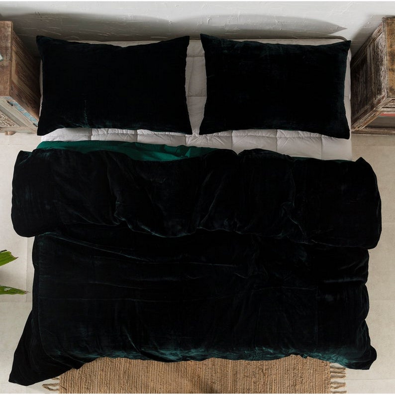 3 Pc Set Dark Green Velvet Duvet Cover Ultra Luxe Crushed Etsy