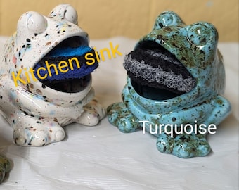 Glazed Ceramic Frog Scrubbie holder with double thickness handmade Scrubbie