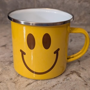 Yellow Smiley face enamel camp style mug