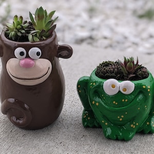 May include: Two ceramic succulent planters, one shaped like a monkey with brown fur and big eyes, the other shaped like a frog with green skin and yellow spots.