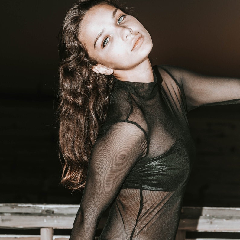 Black Rave Techwear Mesh Net Lycra Long Sleeves Bodysuit For Women
