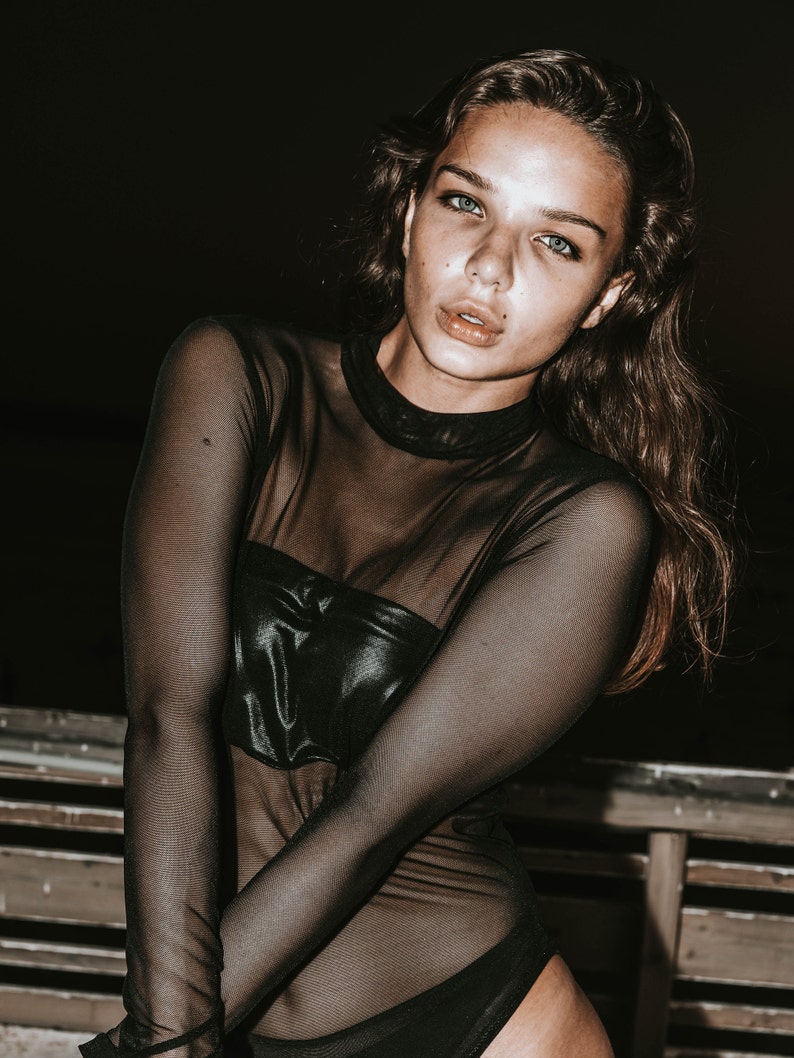 Black Rave Techwear Mesh Net Lycra Long Sleeves Bodysuit For Women