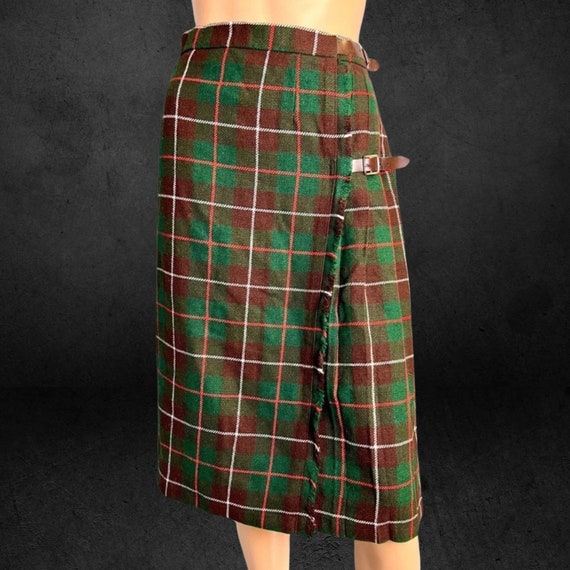 Vintage Green Plaid Tartan Wool Midi Kilt Skirt - image 1