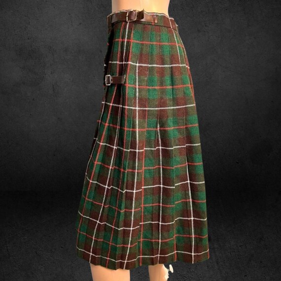 Vintage Green Plaid Tartan Wool Midi Kilt Skirt - image 2