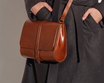 Leather crossbody bag copper, Women's shoulder purse minimalist style