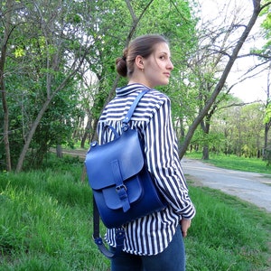 Blue Leather Backpack for Women Leather Backpack Men Leather Rucksack ...