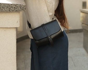 Black leather fanny pack for women, Small leather shoulder bag, Waist bag, Clutch, Bum bag