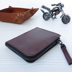 Carteira de couro marrom com zíper para homens. Carteira de viagem masculina preta. Porta-cartões grosso. Carteira Feminina Pequena com Fecho Zip. Presente de Natal