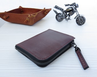 Cartera con cremallera de cuero marrón para hombres. Monedero de viaje negro para hombres. Titular de tarjeta gruesa. Billetera pequeña para mujeres con cierre con cremallera. aguinaldo