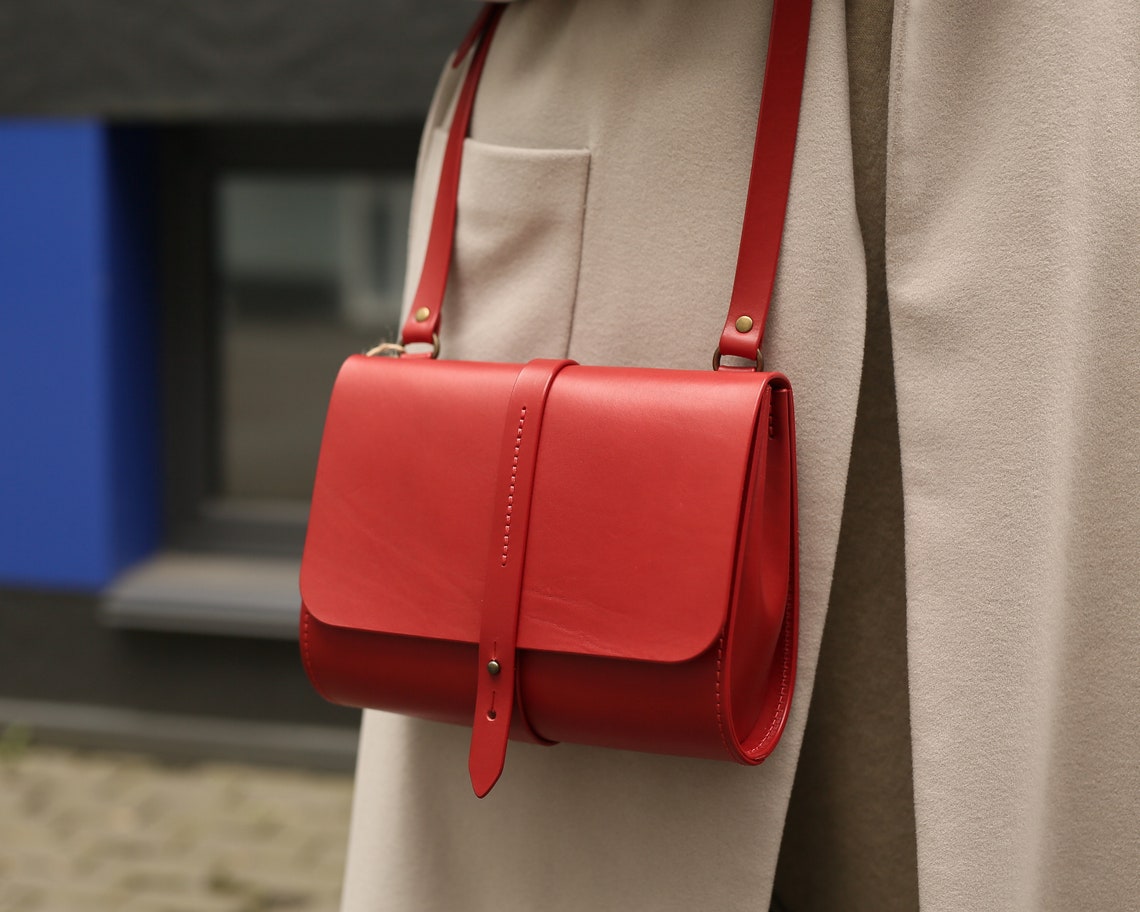 Small leather crossbody bag for woman Red shoulder bag Purse Etsy