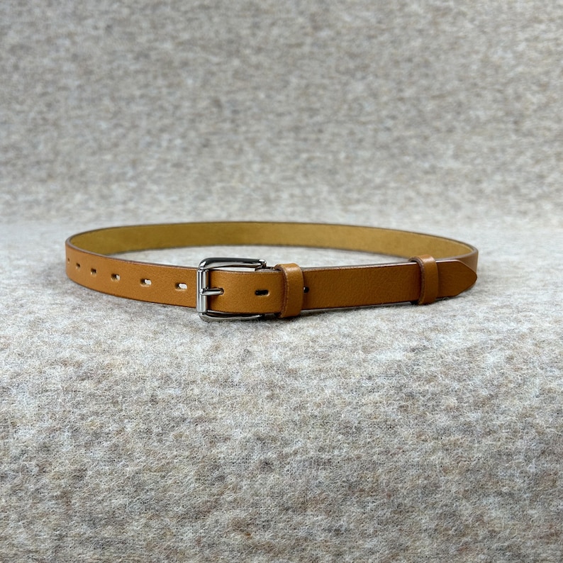 May include: A brown leather belt with a silver buckle.