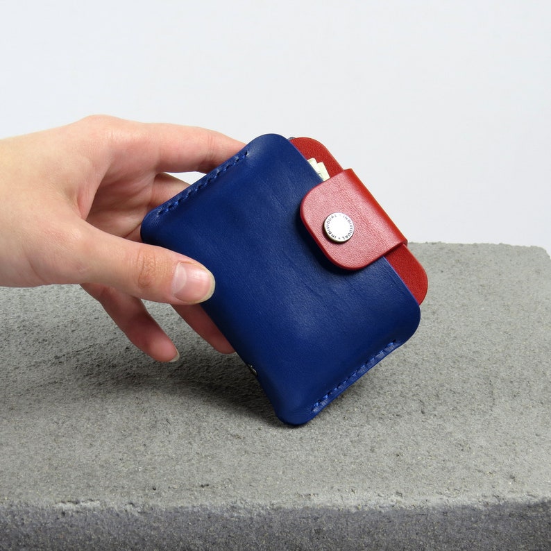 Cartera pequeña de piel para mujer y hombre Cartera de bolsillo frontal Tarjetero de piel Mini cartera Funda para tarjetas de crédito Blue/Red