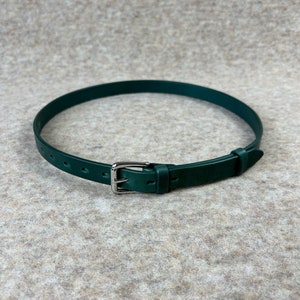 May include: A dark green leather belt with a silver buckle.