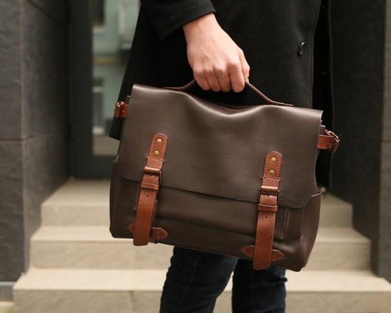 Brown leather messenger bag men. Mens leather laptop bag. | Etsy