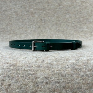 May include: A dark green leather belt with a silver buckle. The belt has multiple holes for adjusting the fit.