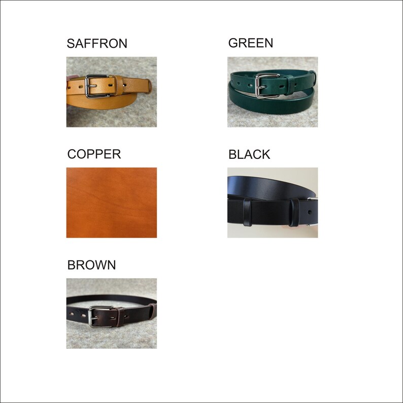 May include: Five leather belts in different colors: saffron, green, copper, black, and brown. Each belt has a silver buckle.