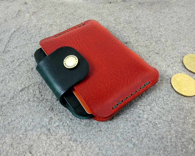 Cartera pequeña de piel para mujer y hombre Cartera de bolsillo frontal Tarjetero de piel Mini cartera Funda para tarjetas de crédito Red/Dark green
