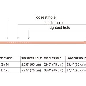 May include: A chart showing belt size and corresponding hole measurements in inches and centimeters. The chart shows the tightest, middle, and loosest holes for small/medium and large/extra large belt sizes.