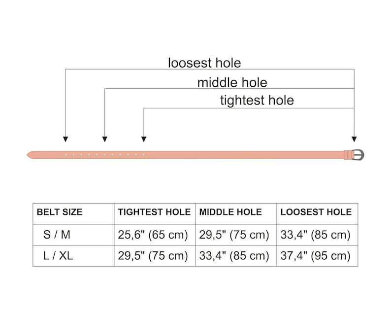 May include: A chart showing belt size and corresponding hole measurements in inches and centimeters. The chart shows the tightest, middle, and loosest holes for small/medium and large/extra large belt sizes.