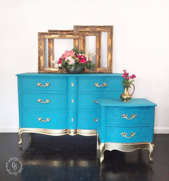 Sold Peacock Blue French Provincial Dresser And Nightstand Etsy