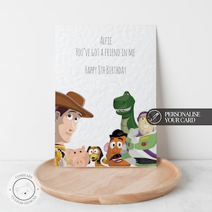Personalisierte Name Toy Story Geburtstagskarte | Woody, Buzz,Hamm, Slinky, Potato Head | Besondere Junge, Sohn, Mädchen, Tochter | Minimalistische Karte