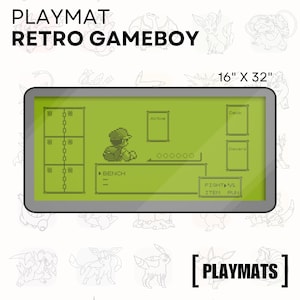 May include: A rectangular playmat with a retro Gameboy design. The playmat is 16 inches by 32 inches and features a green screen with pixelated graphics. The text "PLAYMAT RETRO GAMEBOY" is at the top. The bottom right corner has the text "[PLAYMATS]"