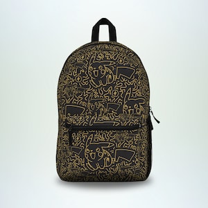 May include: Black backpack with a gold outline pattern of Pikachu characters and lightning bolts.