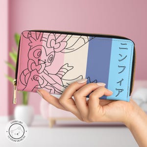 Carteira Pokémon Sylveon Zipper - Carteira de couro sintético fofa inspirada em Pokémon, presente de Natal, presente eeveelotuons, bolsa clutch fashion pokemon