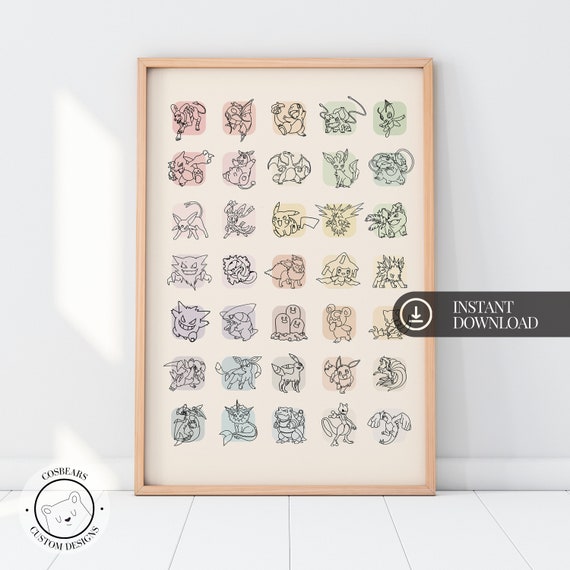 Pokémon Line Art Print | Cosy Pastel Wall Art for Kids Room & Nursery | Minimalist Digital Download | Pokémon Gaming Room Decor