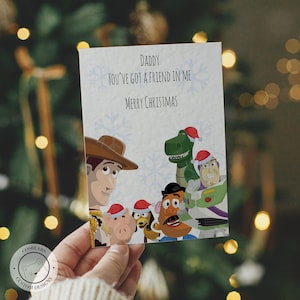 Tarjeta navideña personalizada con nombre de Toy Story / Woody, Buzz, Hamm, Slinky, Potato Head / Tarjeta minimalista especial para niño, hijo, niña