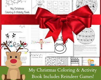 May include: A printable Christmas coloring and activity book with a red bow on top. The book includes reindeer games, a snowman, an elf, an ornament, and Santa. The book is titled "My Christmas Coloring & Activity Book Includes Reindeer Games!"