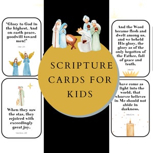 May include: A set of 8 colorful illustrated cards with scripture verses about the birth of Jesus. The cards feature a gold background with the words "Scripture Cards for Kids".
