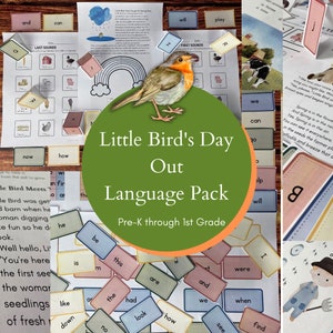 May include: A set of printable educational materials for preschool and kindergarten children featuring a colorful robin bird, a rainbow, and the words "Little Bird's Day Out Language Pack". The materials include word cards, activity sheets, and a storybook.