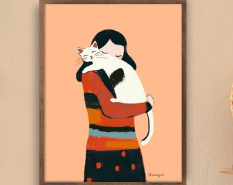 Décoration murale représentant une femme enlaçant un chat, illustration minimaliste d'animal de compagnie, affiche de chat mignon, art moderne et chaleureux