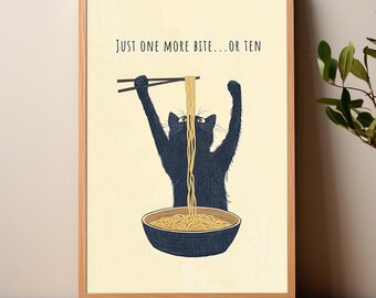 Affiche humoristique d'un chat mangeant des nouilles, décoration murale chat noir mignon, impression pour la cuisine, illustration animalière minimaliste, cadeau de décoration intérieure chaleureux