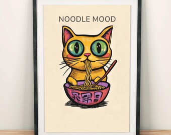 Affiche Chat Ramen Mignon - Décoration Murale Amusante pour Cuisine - Illustration Animale Minimaliste - Cadeau Idéal pour les Amoureux des Chats