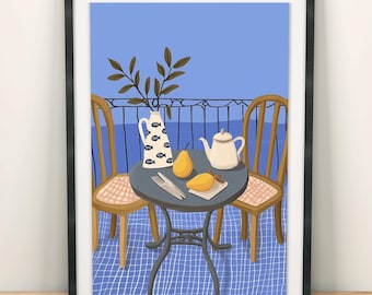 Affiche de cuisine méditerranéenne chaleureuse, nature morte sur balcon bleu, table rustique avec poires, décoration intérieure de style naïf et chaleureux
