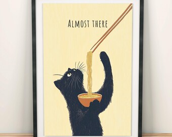 Affiche Chat Rigolo Presque Arrivé, Décoration Murale Chat Noir Mignon, Illustration Minimaliste Animalière pour la Cuisine, Cadeau Décoration Intérieure Chaleureuse