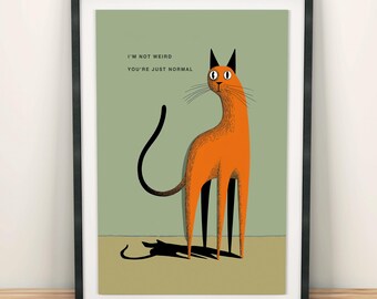 Affiche minimaliste chat avec citation humoristique, décoration murale chat orange, style scandinave moderne, cadeau original