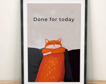 Affiche minimaliste de chat, impression pour aujourd'hui, mignon chat orange, décoration murale moderne et chaleureuse, illustration animale relaxante
