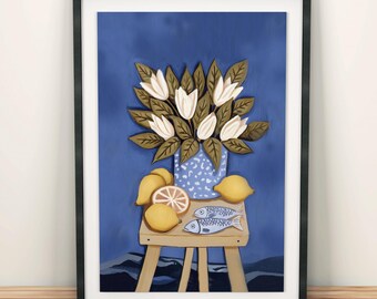 Nature morte murale avec fleurs, citrons et poissons, affiche bleue décorative pour la cuisine, style rustique vintage, décoration murale chaleureuse pour la maison