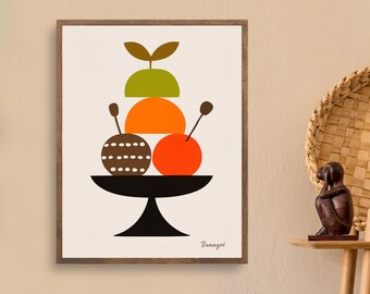 Affiche de fruits style années 50, illustration de nature morte rétro, décoration murale minimaliste et colorée pour la salle à manger, style scandinave.