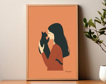 Affiche décorative Chat Noir, Illustration Chat en Terre Cuite, Décoration intérieure scandinave style ferme, Cadeau idéal pour les amoureux des chats