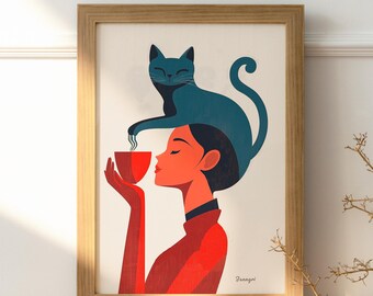 Affiche décorative Chat bleu, Illustration Chat bleu, Décoration murale ambiance café, Décoration intérieure scandinave style ferme, Cadeau pour amoureux des chats