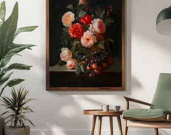 Tableau sur toile nature morte florale mélancolique, peinture de bouquet de fleurs romantique sombre, estampe botanique vintage, décoration intérieure classique et élégante