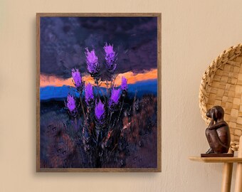 Affiche peinture à l'huile de chardon violet, coucher de soleil spectaculaire sur des fleurs sauvages, impression florale impressionniste texturée, décoration de paysage naturel mélancolique