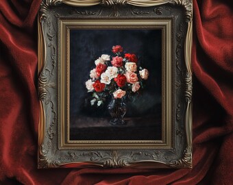 Nature morte florale sombre et mystérieuse sur toile, tableau de roses vintage, œuvre botanique dramatique, décoration intérieure baroque romantique