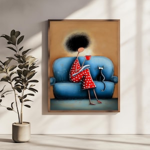 Whimsical Woman Reading on Blue Sofa with Black Cat Cozy Funny Wall Art Print Cute Quirky Illustration Gift for Cat Lover Modern Poster